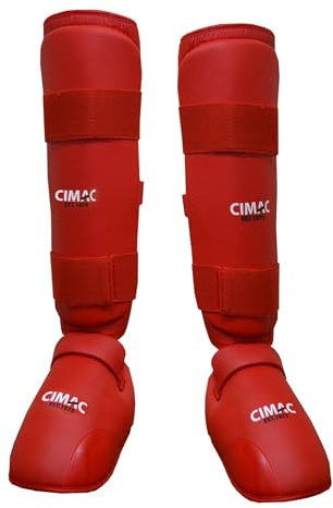 CIMAC Shin & Foot Protector with Removable Instep Pads - Medium Karate Shin Guards, for Martial Arts Training and Sparring, with Secure Close, Ultimate Protection WKF Style, Red