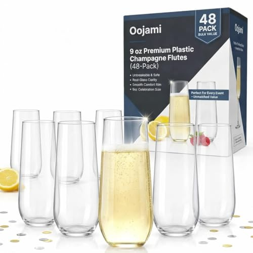 Oojami 9 oz Flute 48 piece Premium Quality Recyclable Unbreakable Crystal Clear Plastic Champagne Glasses Flute in Bulk