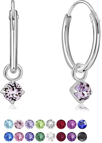 Orecchini Cerchietto Argento 925 con Brillantino di Cristallo - Orecchini Viola Pendenti Rotondi - Cerchietti Argento 925 - Spessore : 1.2 mm - Diametro: 12 mm