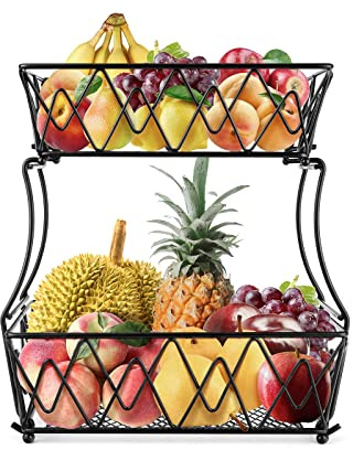 Fruteros de cocina modernos, Cesta de frutas y vegetales de metal, Frutero multifuncional de hierro, Frutero 2 pisos para más espacio en la encimera