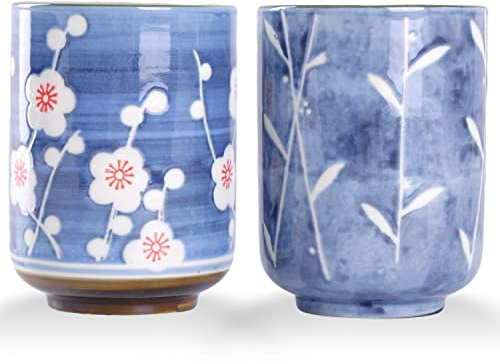 WHJY Lot de 2 tasses à thé transitoire en céramique de style chinois/japonais sans poignée, motif fleurs de cerisier et paille en ciel bleu 283,5 g