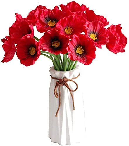HELTER Artificiell vallmoblomma, 10 st röd falsk vallmo lång stam blommor simulering vallmo vas bukett arrangemang för hem kök bröllop bord mittstycken dekor