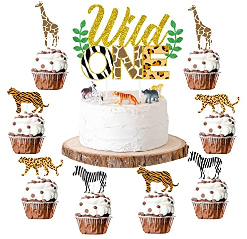 Sursurprise Wild One Kuchen Topper Dschungeltiere Cupcake Topper, Leopard Gepard Erster Geburtstag Dekorationen Dschungel Safari Zoo Thema Party Kuchen liefert 25 Pack