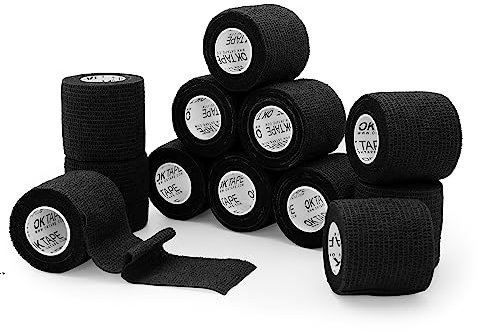 OK TAPE adhésif auto - adhésif bandage 12 Rouleaux, 5cm x 4.5m non tissé adhésif Sport Pack tape,Veterinary Pack bandage tape pour pouce poignet cheville,Noir