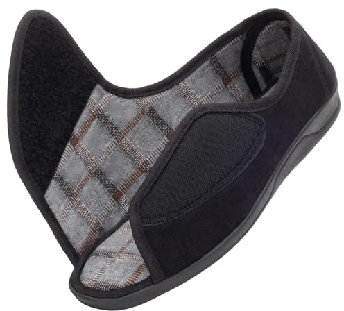 Happy Touch Open Toe Diabetic Slippers for Men Extra Wide Width, Memory Foam Open Toe House Shoes Non Slip - For Seniors Arthritis Swollen Feet, Black 12