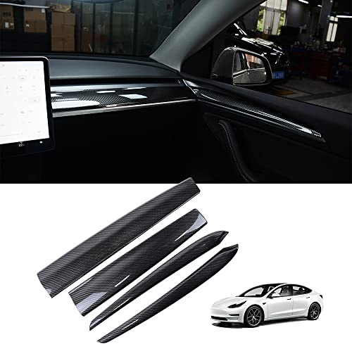 Carbon Fiber Style Car Dash Wrap and Front Door Panel Cover Trim for Tesla Model Y 2021-2023, Dashboard Cover for Tesla Model 3 2020-2023 (Bright Carbon)，Not for 2024 | Car Centre Console Panel Sticker Interior Accessories for Model 3 2021 2022 Model Y 2021 2022