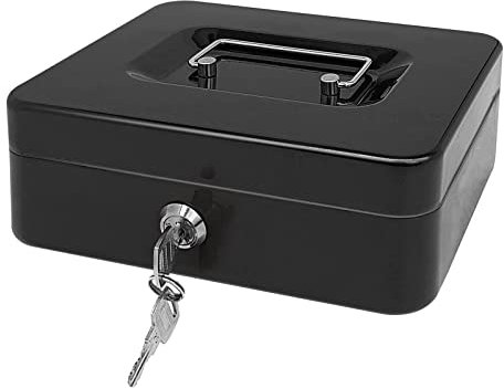 Steel Cash Box with Key Lock, Metal Small Money Organizer with Money Tray,Cash Storage Box with Lockable Cover (Black-25 * 20 * 8.5 CM)