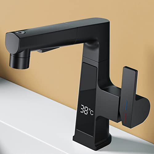 ZYCDP Waschtischarmatur mit Herausziehbarer BrauseTemperaturanzeige Wasserhahn Bad Ausziehbar,Mischbatterie aus Messing Kalt/Warmwasser Anschluss,Einhebelmischer Badarmatur,Schwarz