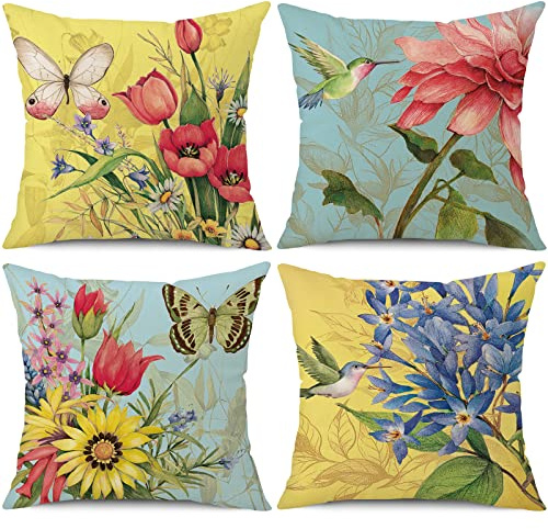 wyooxoo Spring Summer Pillow Covers 20x20 Set of 4 Decorative Throw Pillow Covers Linen Flower Butterfly Farmhouse Pillowcases for Sofa Couch Living Room Outdoor