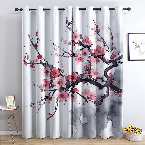 Rideau Occultant Thermiques Fleur de Cerisier Japonais - Lot de 2 Rideaux Imprimé pour Salon Chambre Fenetre Cuisine, Rideaux et Draperies Intérieurs à Oeillets, 75x166 cm (LxH)