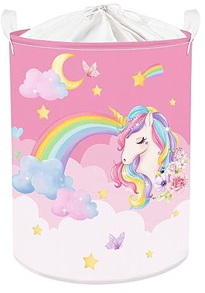 Clastyle Rosa Einhorn Kinder Wäschekorb mit Henkel Faltbar Kleidung Spielzeug Aufbewahrungskorb Mädchen Aufbewahrungsbox für Babyzimmer Bad, Mond, 36x45 cm