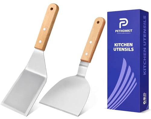 Metal Spatula Set,Fish Griddle Spatulas,Stainless Steel Spatula Turner with Wooden Handle,Small Wide Beveled Edges Spatulas Flippers for Cast Iron Skillet, Pancake, Egg, Burger, Omelet, 2 Pack