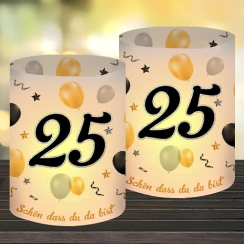 12 Windlicht Tischdeko 25 Geburtstag, Deko 25 Geburtstagdeko Frau Mann, Happy Birthday Tischdeko 25. Geburtstag Frauen, Tischdekoration Geeignet für Teelichter oder Kerzen mit Schön DASS Du Da Bist