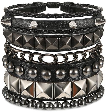 Yolev 4 Stück Lederarmband Herren Punk Schwarz Geflochtenes Armband Set Verstellbares Spike Manschettenarmband aus Metall Armbänder Set Länge Geflochtenes Armband Hherren Schwarz