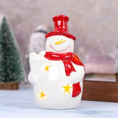 DZAY Weihnachtsfiguren Beleuchtet Schneemann mit LED Lichterstatue,Weihnachtsfigur aus Keramik Figur,Batteriebetriebene Weihnachtsszene für Weihnachtsdeko Innen Tisch Dekoration