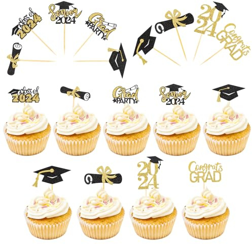 22 Stück Graduation Kuchen Dekoration, 2024 Glitzer Abschluss Tortendeko, Bachelor Hut Deko, Abschlussfeier Cake Topper, 2024 Diplom Grad Cap Cupcake Picks für 2024 Abschluss Kuchen Partyzubehör