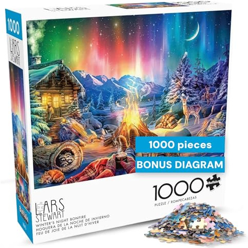 Buffalo Games - Lars Stewart - Winter's Night Bonfire - 1000 Piece Jigsaw Puzzle - Colorful, Holiday Puzzles for Adults – Precision-Cut Pieces, Seasonal Artwork, and Hours of Relaxing Fun