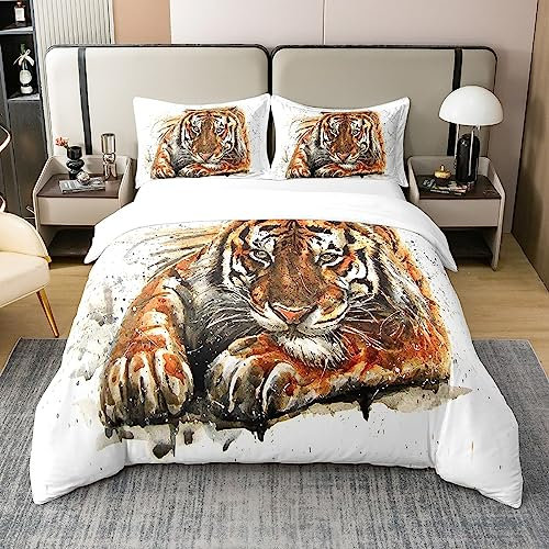 Loussiesd Tiger Decorative 100% Baumwolle Bettwäsche Set 135x200cm, Wild Tier Bettbezug Set Baumwoll Bettwäsche Set,Wildlife Gelb Betten Set