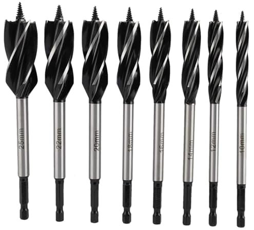 Yuentoen 8-teiliges Holzbohrer Set mit Zentrierspitze,10-25mm Schlangenbohrer für Weich & Hartholz,1/4 Schaft Holzschlangenbohrer,Ideal für präzise Bohrungen in Holz und Möbelbau