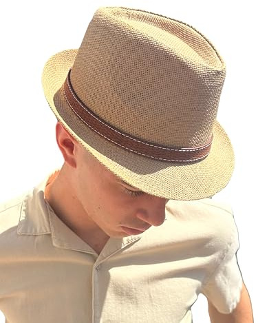 Panama Pamela Chapeau d'été en paille pour homme avec visière enroulable avec sangle réglable Marron Blanc, marron, taille unique
