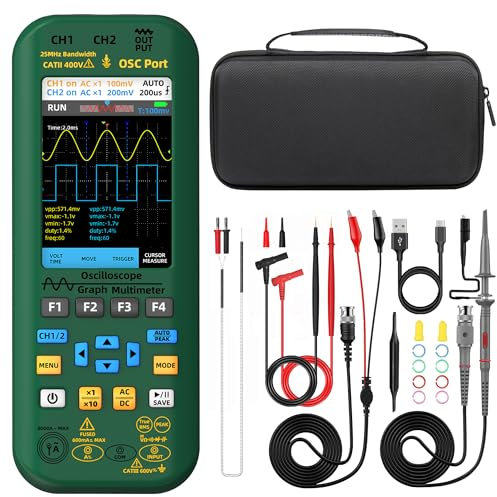 BSIDE O7 Handheld Automotive Oscilloscope 2 Channel with Multimeter Signal Generator 3.98 Full View Display 50MHz 250MSa/s Rechargeable Multi Tester Measures 6000A Current Voltage Capacitance Diode