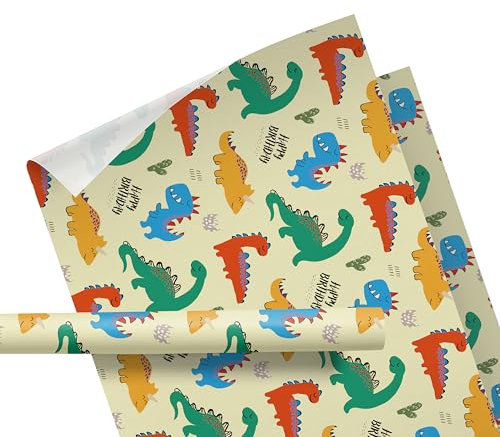 Geschenkpapier Kinder – Motiv: Dinosaurier, Happy Birthday – Dino Geschenkpapier für Geschenke zum Geburtstag – Geschenkpapier Mädchen und Jungen – Rolle: 47 cm breit, 3 m lang – Dinos gelb