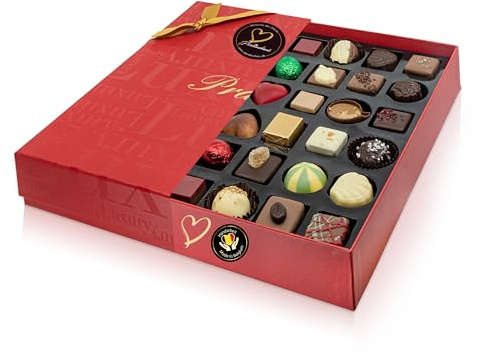 ePralinchen caja de lujo roja con bombones de lujo belgas hechos a mano | caja con 600g de bombones de café, frambuesa, naranja, caramelo salado y más (Caja de Lujo, sin alcohol)