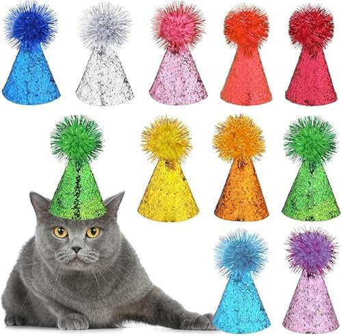 10 Packungen Geburtstagshüte für Katzen, Partyhüte, mehrfarbige Katzenhüte, Mini-Partyhüte, niedliche Welpenhüte mit Pompons, verstellbare Stirnbänder, Geburtstagshüte für Hunde, Kätzchen, Kaninchen,