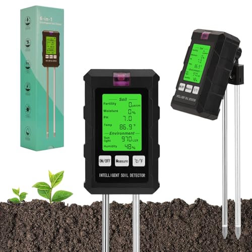 Aideepen 6 in 1 Bodentester, Multifunktionales Bodenfruchtbarkeit/Feuchtigkeit/pH-Wert/Temperatur/Umgebungslicht/Luftfeuchtigkeit mit beleuchtetem HD-Display für Pflanzen, Gartenarbeit