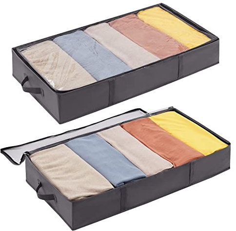 Lifewit 2 Stück Unterbett Aufbewahrungsbox, Unterbettkommode, Faltbare Kleideraufbewahrungstasche mit Deckel für Bettdecken, Kleidung, Unterbett-Kleiderschrank, Grau