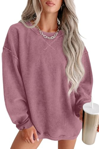 QIXING Damen Sweatshirt Oversize Pullover Rundhals Baumwollpullover Langarm Cordpullover Tops Herbst Mode Outfits 2025(Rosa, M)