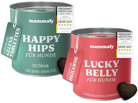 mammaly Lucky Belly + Happy HIPS Vorteils-Bundle (2X 325g) – Probiotika Verdauungssnacks & Grünlippmuschel für Hunde – Magen & Darm Snacks + Knochen- & Gelenktabletten als Hundeleckerli
