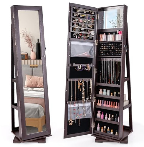 RELAX4LIFE 3-in-1 Schmuckschrank drehbar, mit Ganzkörperspiegel & eingebautem kleinen Spiegel, Spiegelschrank & Schmuckregal, Schrank für Schmuckaufbewahrung, abschließbar (Dunkelbraun)
