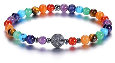 JSDDE 7 Chakra Obsidian Bergkristall Armband mit Hämatit Lebensbaum Anhänger Heilstein Perlenarmband Glücksarmband Energietherapie Armband Spiritueller Talisman Glückbringer Geschenk