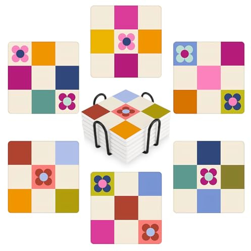 MAYCARI Contrasting Color Cartoon Flower Coasters Set of 6 Cork Backed Checkered Flower Coasters with Metal Holder Ceramic Surface Drink Cup Mats for Tabletop Protection Desk Decoration Birthday Gifts