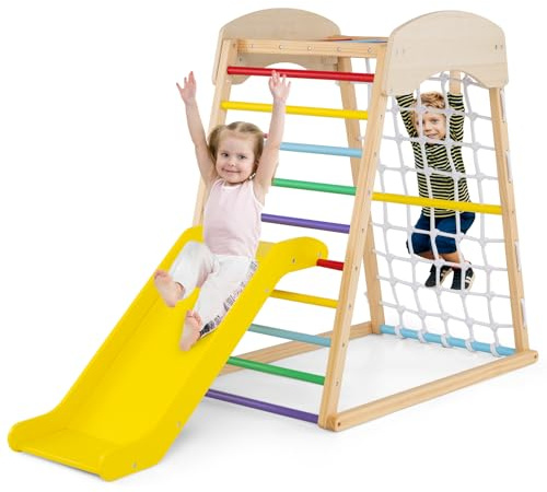 COSTWAY Klettergerüst Indoor, 4 in 1 Pull Up Bar & Rutsche & Kletternetz & Leiter, Indoor Spielplatz für Kinder ab 1 Jahr (Bunt)