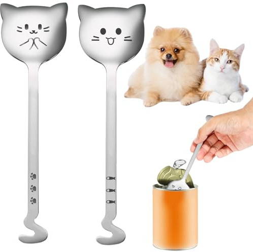 FloraMolly Cuillère à friandises pour chat, 2 petits mignons cuillère de nourriture pour chats en acier inoxydable facile à laver ensemble de cuillère pour la nourriture humide