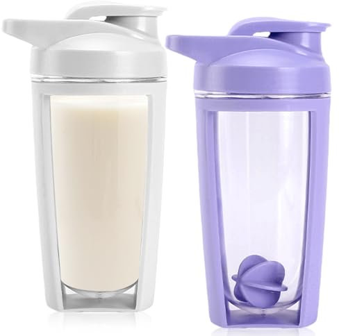 2 Stück Protein Shaker, 600ml Blender Bottle mit Mixball, Doppelschicht Sports Shaker-Flasche mit Skala, Shake-Becher BPA Frei Auslaufsicherer für Eiweiß Diät und Fitness Shakes (Lila&Weiß)