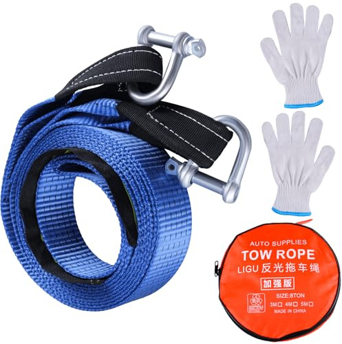 TIOMIOSEA Abschleppseil Auto für PKW & SUV - 5M Tow Rope Heavy Duty Kit mit Aufbewahrungstasche, Verstärkten Schäkel Haken & Rutsch Handschuhe, 8 Tonnen Bruchfestigkeit Für Off-Road Recovery Notfall