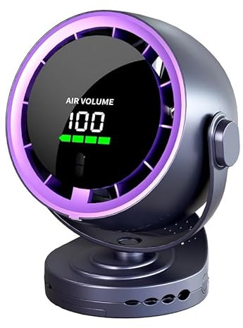 Ventilateur à affichage numérique rechargeable par USB, vitesse turbo 6 W, anneau lumineux LED, support mural/bureau, 22,8 x 20 x 13,7 cm, gris violet