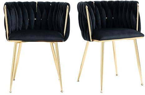 A ALFRESCOOL Samt Stuhl, Schalenstuhl mit Armlehne, Esszimmerstühle, Sessel Modern mit Goldenen Metallbeinen und Weichen Kissen für Esszimmer, Wohnzimmer und Schlafzimmer (2er-Set, Schwarz)