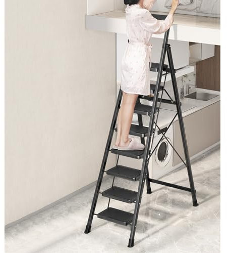 WWERTYY Escabeau Pliable Robuste pour Grenier, échelle de Sortie pour Maison à Deux étages, échelle d'escalade avec établi supérieur, escabeau Noir (6 marches - 1,76 m (5,8 pi))