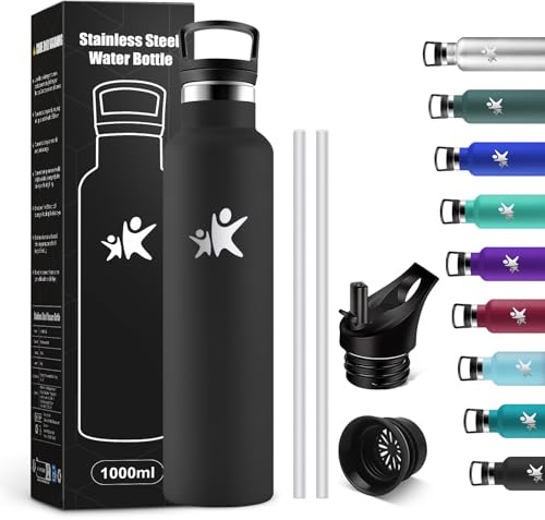 KollyKolla Botella Agua Acero Inoxidable 1L, Cantimplora Termo con Doble Aislamiento, Botella Termica con Pajita, sin BPA, Termo Reutilizable para Oficina, Camping, Niños, Fitness, Niños, Yoga