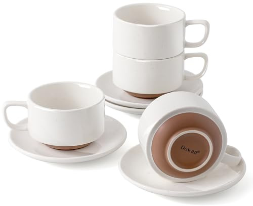 DOWAN 5oz Coffee Cups and Espresso Cups, Stackable Coffee Cup and Saucer Set of 4, Ceramic Tea Cup Set for Latte and Tea