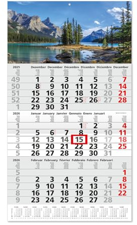 Timr 3-Monatskalender 2026 Jahresübersicht - 53 cm - International mehrsprachig D/GB/F/I/E/NL - Wandkalender mit Schieber - Motiv Bergsee I tr348