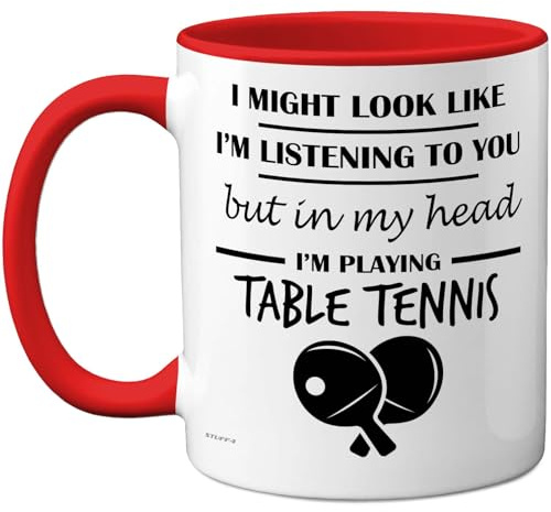 Stuff4 Table Tennis, in My Head Mug | Funny Gift for Table Tennis Lover Women and Men, 11oz Premium Ceramic Dishwasher Safe Red Handle Mugs Novelty Cup