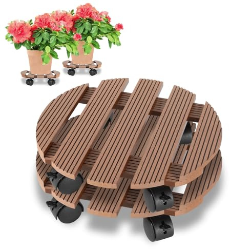 Peviasot Rotella per piante, 2 rotoli in WPC, portata 80 kg, rullo per fiori rotondo 7,5 x 30 cm, ruote girevoli a 360°, rullo per fiori con ruote per interni ed esterni, marrone