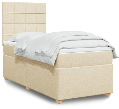 Qnhdfrt Boxspringbett Creme 90x190 cm mit Taschenfederkernmatratze LED Beleuchtung und höhenverstellbarem Kopfteil für Schlafzimmer Gästezimmer und Jugendzimmer
