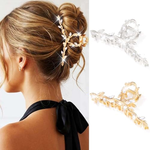 Reaky Haarspangen mit Strasssteinen, goldfarben, Metall, Haarspangen für dickes Haar, Blatt-Haarspangen, Haaraccessoires für Damen