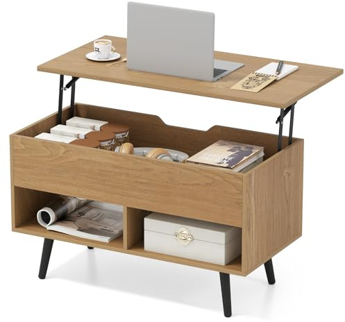 COSTWAY Mesa de Centro Elevable de Madera, Mesa de Cóctel Moderna con Compartimento Oculto & 2 Estantes Abiertos, para Salón, Sala de Recepción, Oficina (Natural)